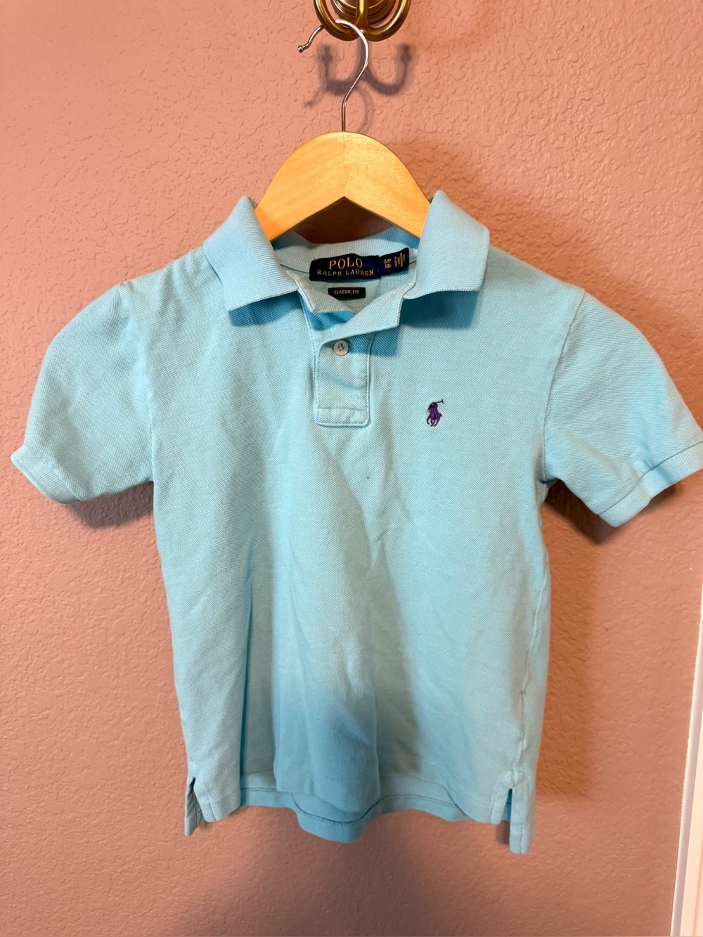 Ralph Lauren Kids Aqua Blue Polo Shirt with Purple Pony